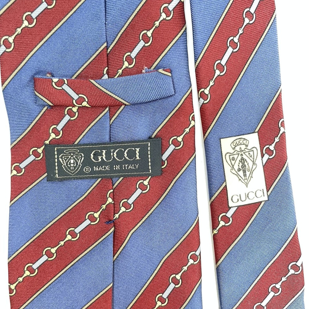 GUCCI 100% Silk Tie Red Blue Diagonal Stripe Gold Silver Chain Horsebit Italy - Picture 6 of 11